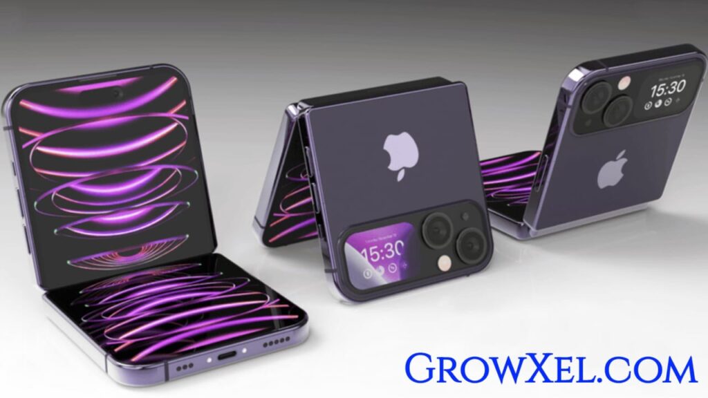 Apple Foldable iPhone shown folded and unfolded, with dual AMOLED displays and triple rear camera in futuristic titanium body.