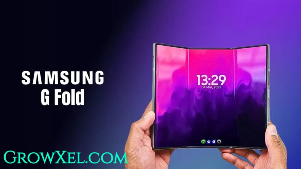 Samsung Galaxy G‑Fold smartphone with futuristic triple foldable AMOLED display and 108MP camera in a sleek premium body..